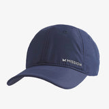 A navy blue baseball cap with a curved brim and the Mission logo embroidered in white on the side, shown against a light gray background.
