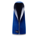A blue fleece hooded towel with a gray inner lining and a black Mission Toughsport logo patch near the bottom, shown on a white background.