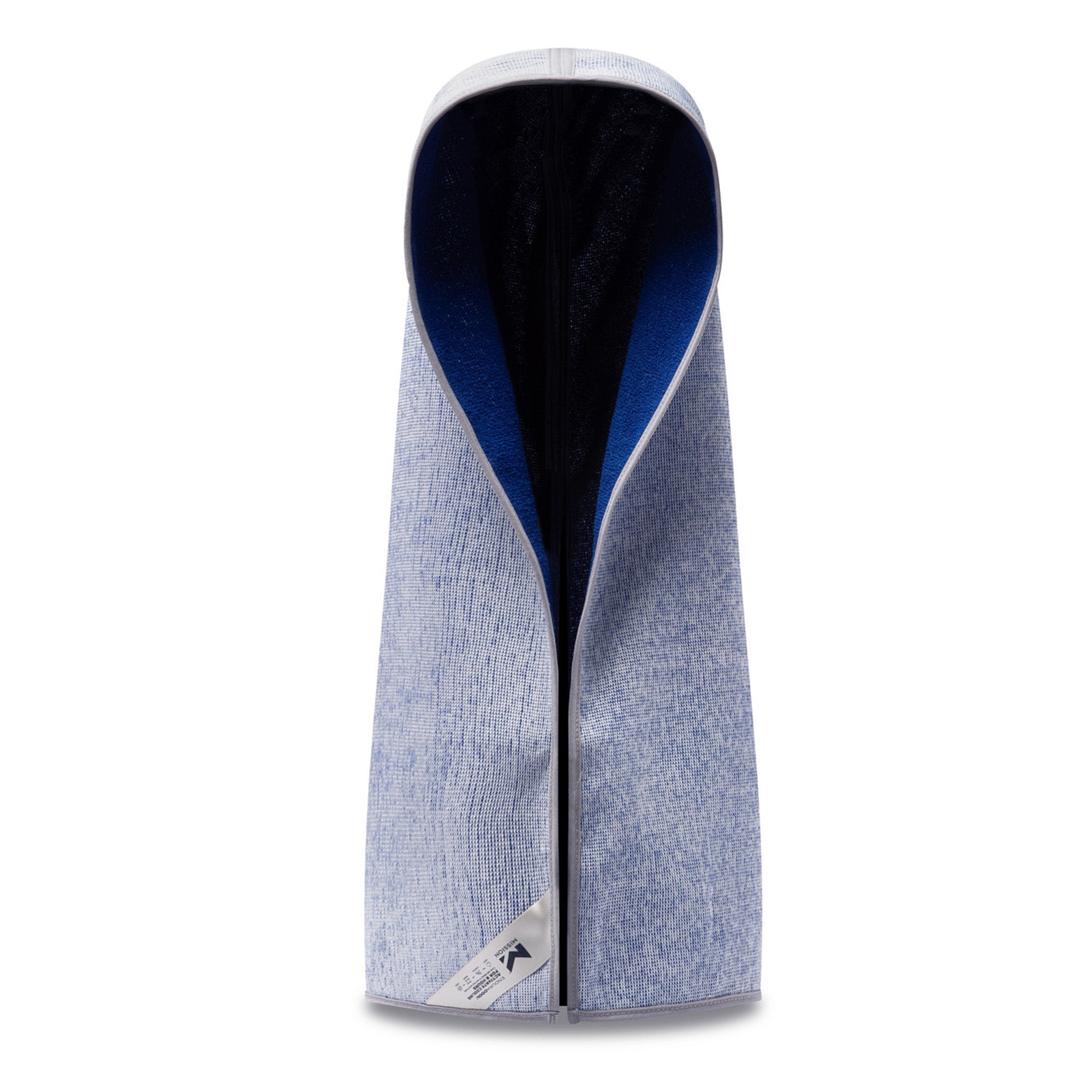 A light blue heathered towel wrap with a dark blue fleece-lined opening and a black zipper, shown on a white background.
