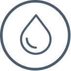A minimalist dark blue-gray outline icon of a water droplet inside a circle, commonly used as a product feature or sustainability symbol.