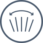 A circular icon with a dark gray outline and a curved arrow above a fan-like shape, likely representing a product feature or usage step.