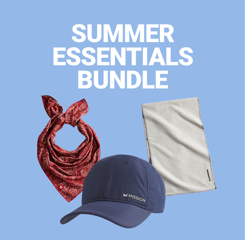 Summer Essentials Bundle image with a red Mission Cooling Bandana, Cooling Performance Hat, and Original Cooling Towel