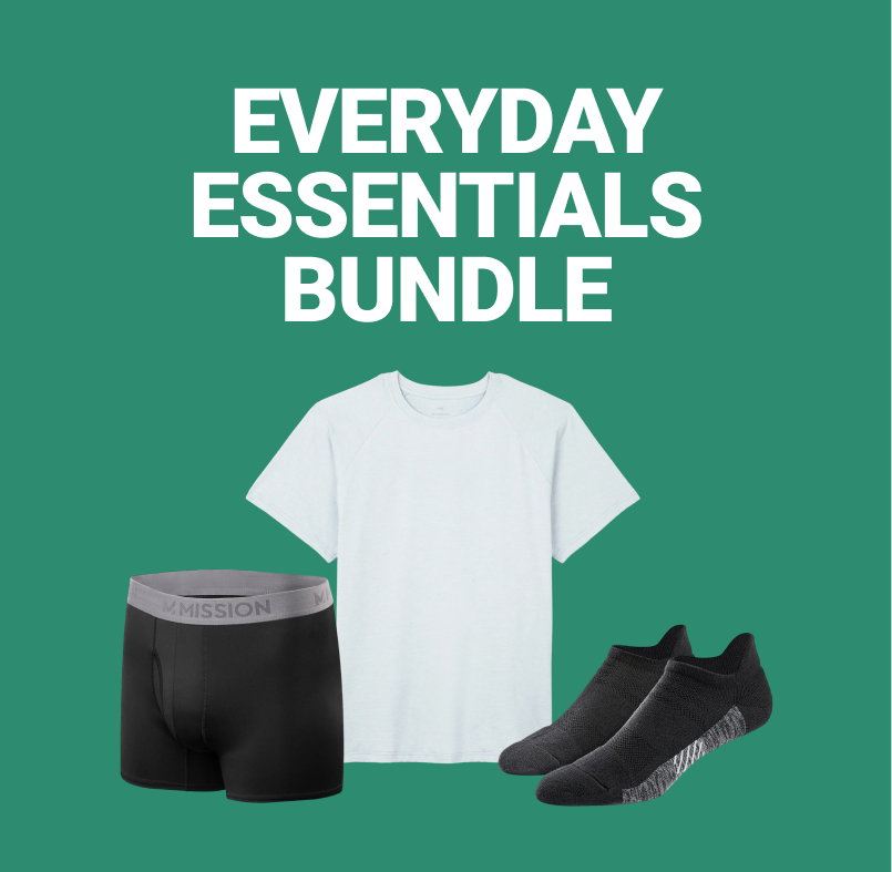 Everyday Essentials Bundle Image with a shirt, socks, and mens boxers
