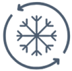 A dark blue icon depicting a snowflake inside a circular arrow, commonly used to represent air conditioning, cooling, or dehumidification.