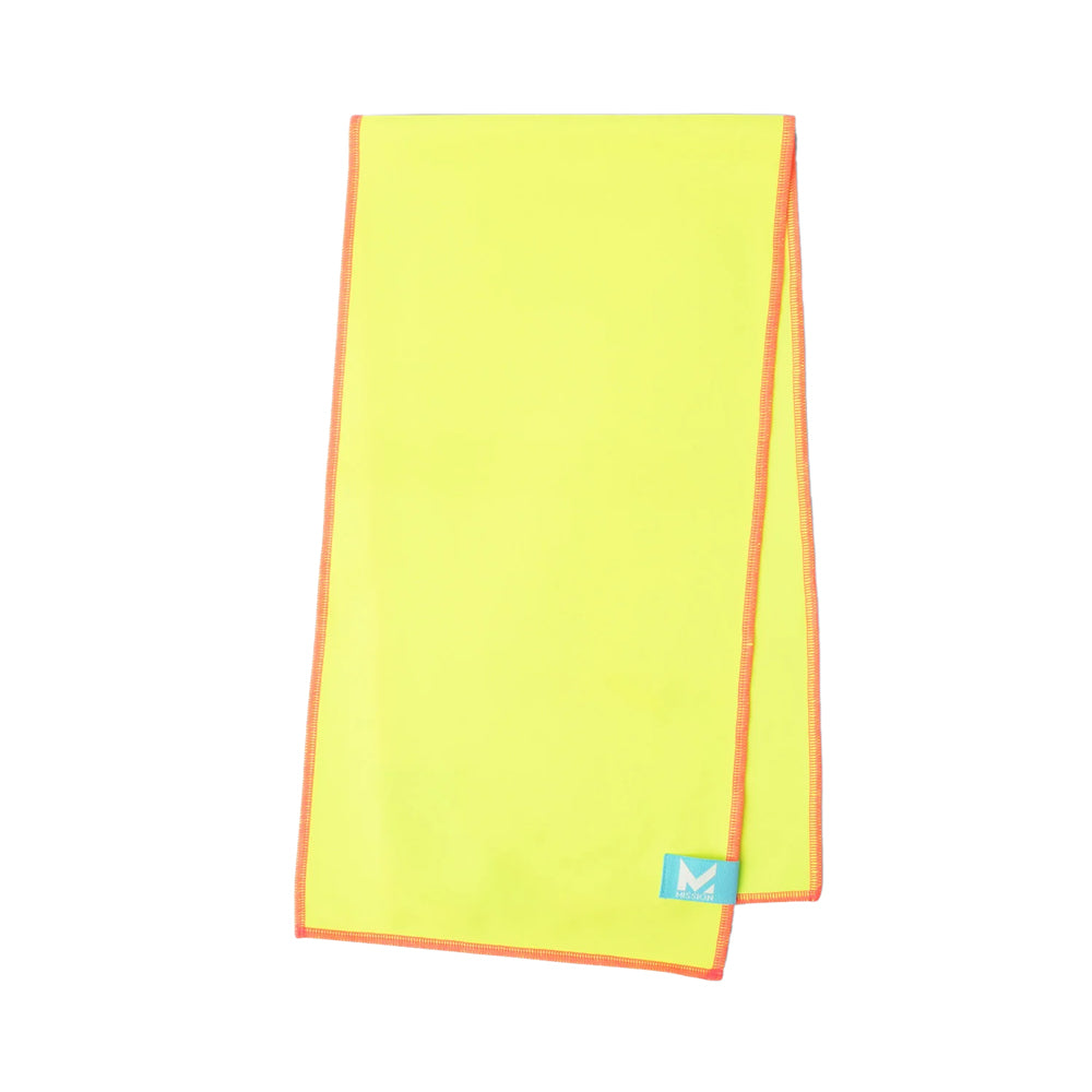 Yellow towel with orange border on a white background