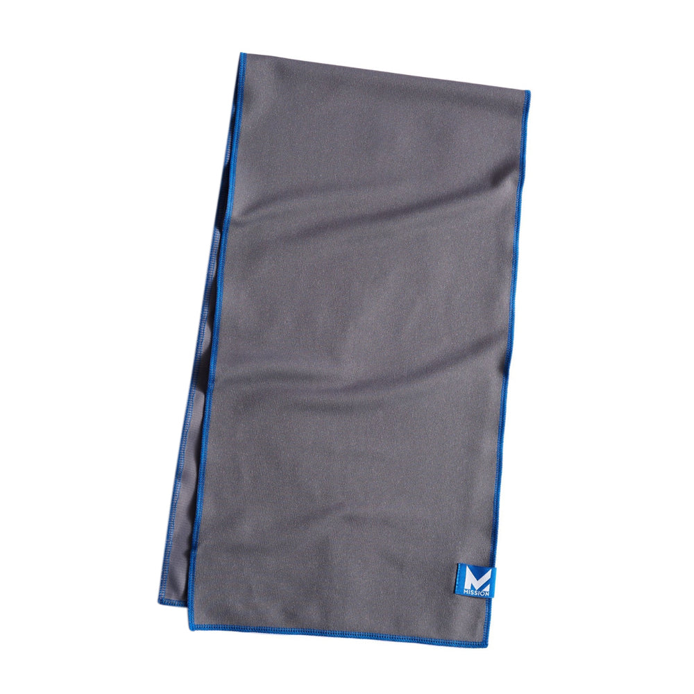 Gray Max Plus cooling towel with blue edge and Mission logo tag.