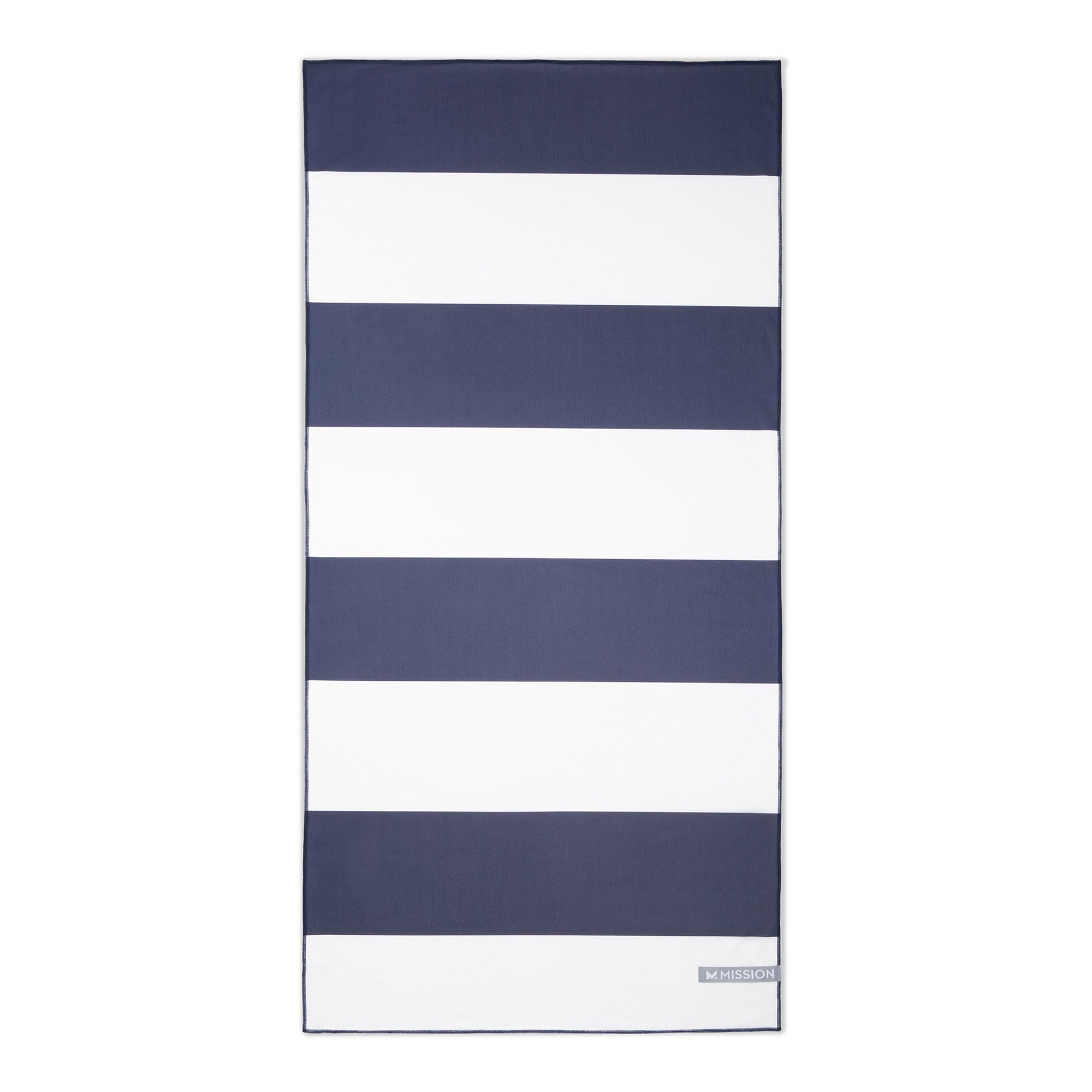 Navy and white striped towel on a white background
