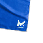 Blue towel with 'Mission' logo on a white background