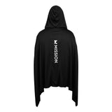 A black hooded cape or poncho shown from the back, featuring a vertical white 'MISSION' logo printed on the center back, set against a plain white background.