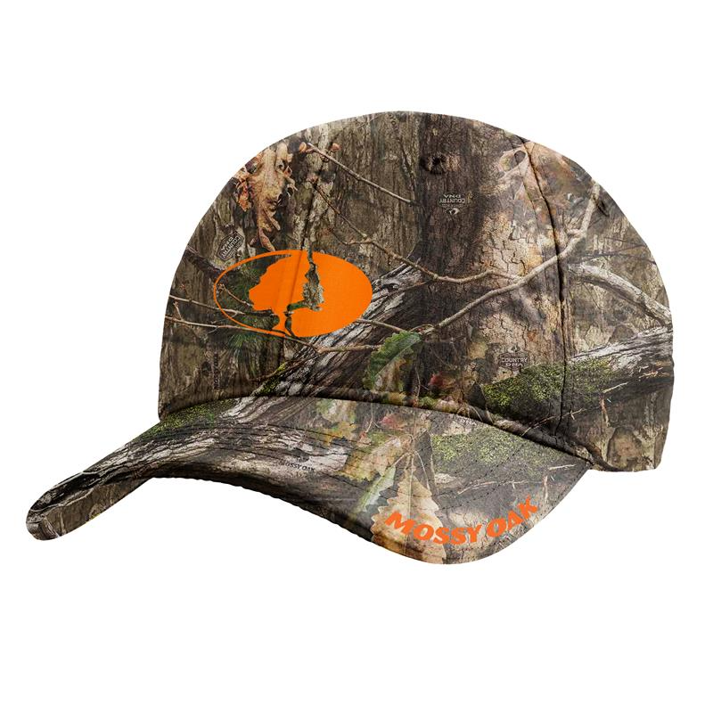 Camouflage baseball cap with orange logo and 'Mossy Oak' branding on a white background